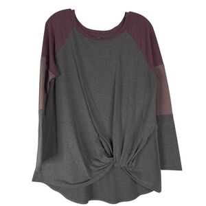 Maurices 24/7 Baseball Tee Women's XL Gray Purple Colorblock Raglan Twist Knot